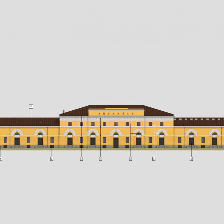 Architectural illustration of a building façade with yellow plaster, white window frames, and a brown roof, featuring the inscription “ARSENĀLS”.
