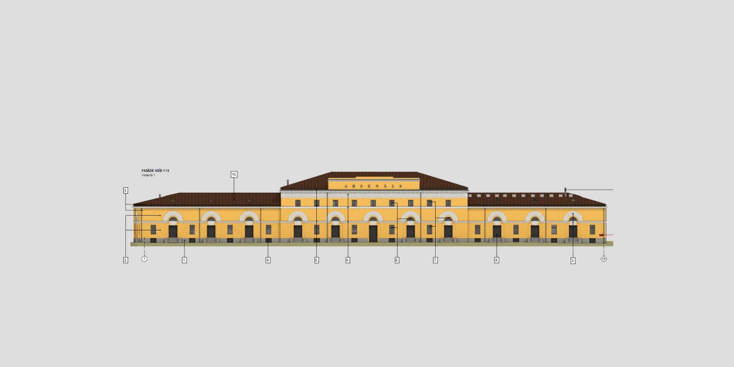 Architectural illustration of a building façade with yellow plaster, white window frames, and a brown roof, featuring the inscription “ARSENĀLS”.