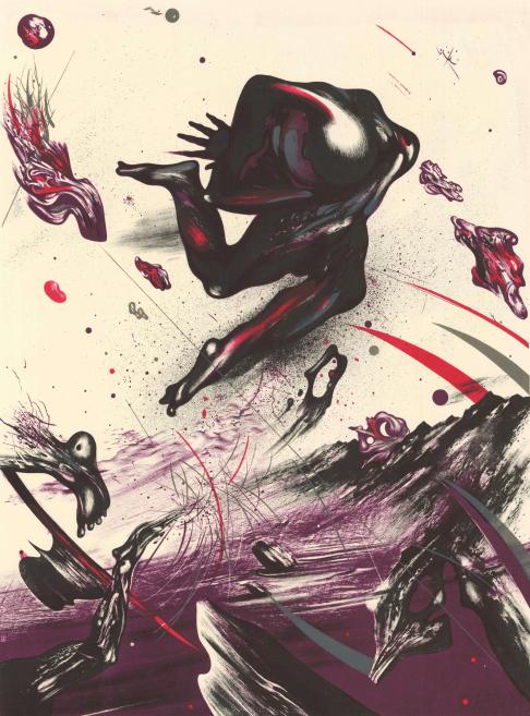 A dynamic abstract scene where a contorted, shadowy figure appears suspended in violent motion amid splashes, shards, and gestural strokes.