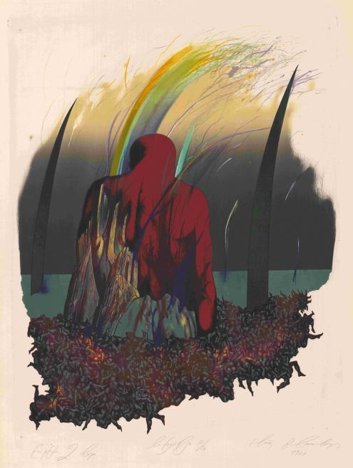 An abstract composition showing a solitary red-hooded figure emerging from a dark, textured ground, surrounded by sweeping, storm-like brushstrokes and sharp vertical forms, evoking isolation, tension, and inner turmoil.