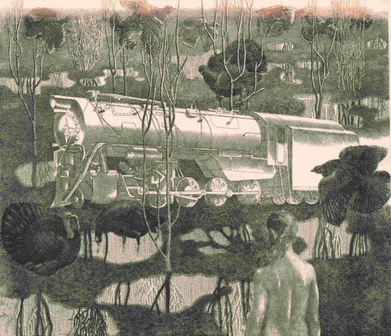 A monochrome, dreamlike scene depicting a steam locomotive moving through a dense forest, with distorted reflections and a semi-transparent human figure in the foreground, creating an atmosphere of memory, transition, and quiet unease.