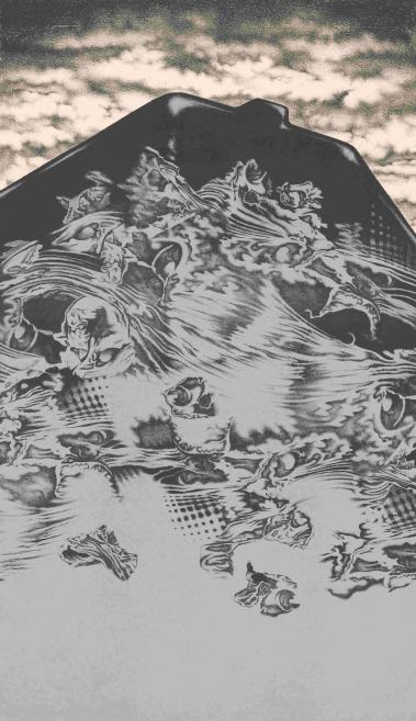 A stark black-and-white composition showing a mountain-like form dissolving into turbulent, swirling textures, where fragments of human faces and bodies emerge and disappear, evoking a sense of catastrophe, erosion, and the fragility of human presence within overwhelming natural or existential forces.