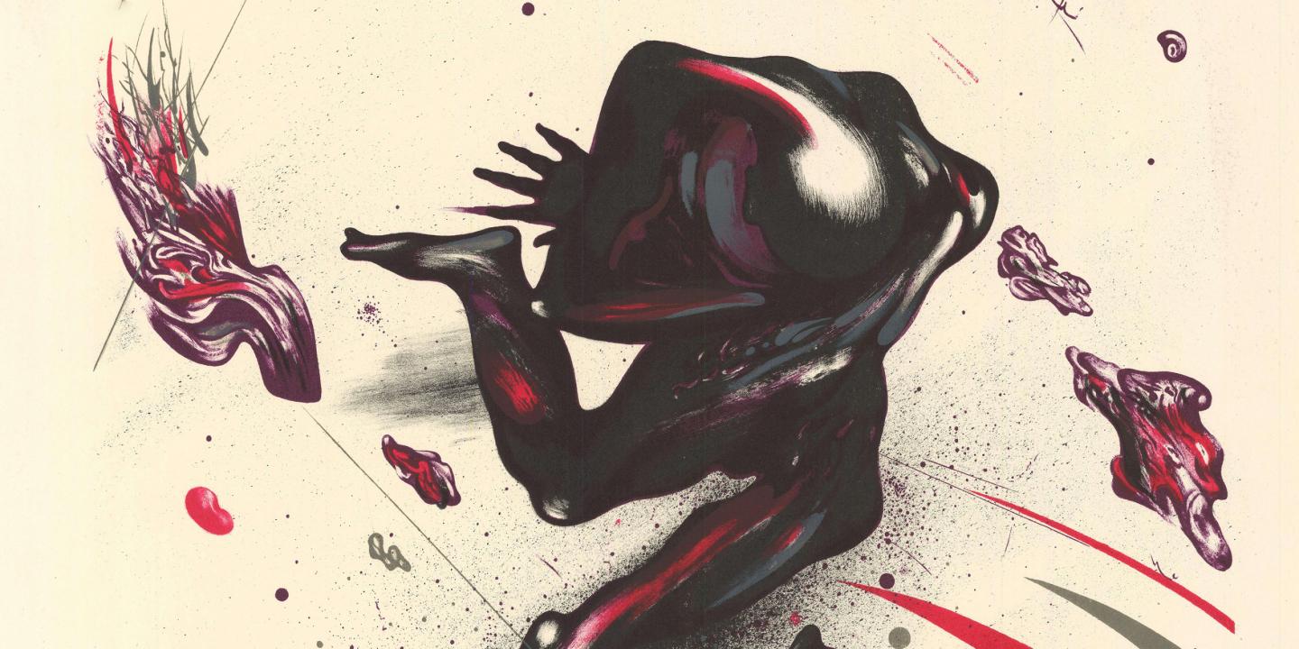 An abstract, expressive composition featuring biomorphic dark forms against a light background. Flowing, organic shapes are accented with red and violet tones, splashes, and dynamic lines, creating a sense of movement, tension, and emotional intensity.