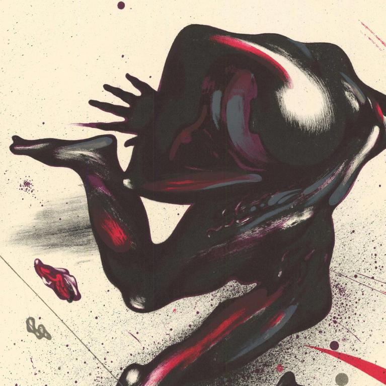 An abstract, expressive composition featuring biomorphic dark forms against a light background. Flowing, organic shapes are accented with red and violet tones, splashes, and dynamic lines, creating a sense of movement, tension, and emotional intensity.