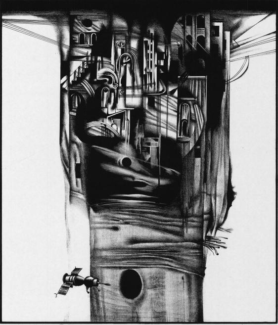 An abstract, towering cityscape merges architecture and machinery into a dark, introspective vision of isolation and technological dominance.