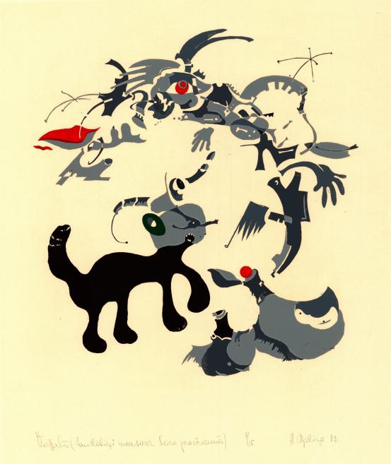 A playful yet unsettling abstract composition where fragmented human and animal forms swirl into a surreal, dreamlike narrative.