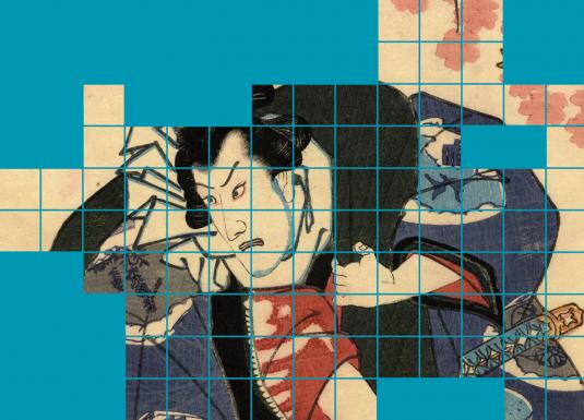 Fragmentēta japāņu ukiyo-e kabuki aktiera attēla detaļa ar režģa struktūru uz zilganzaļa fona, kurā izceļas dramatizēta sejas izteiksme, tradicionāls tērps un sakuru motīvi.
