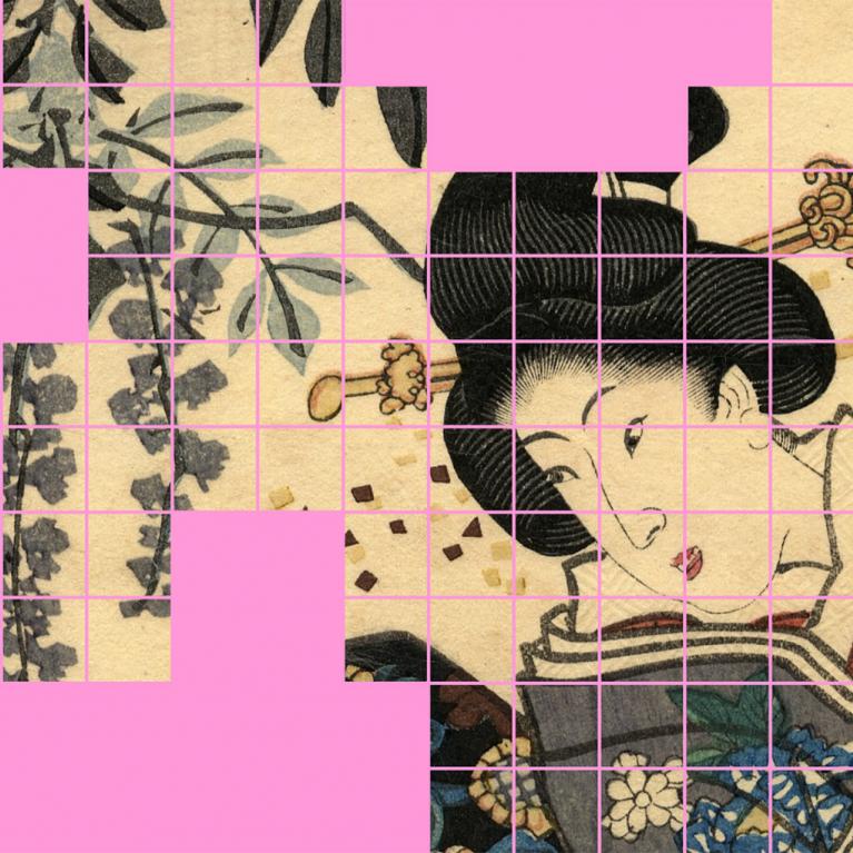 Fragmentēta japāņu ukiyo-e grafikas detaļa ar sievietes portretu un augu motīviem, kas sadalīta režģī uz spilgti rozā fona, akcentējot kompozīcijas dekonstrukciju un vizuālo ritmu.