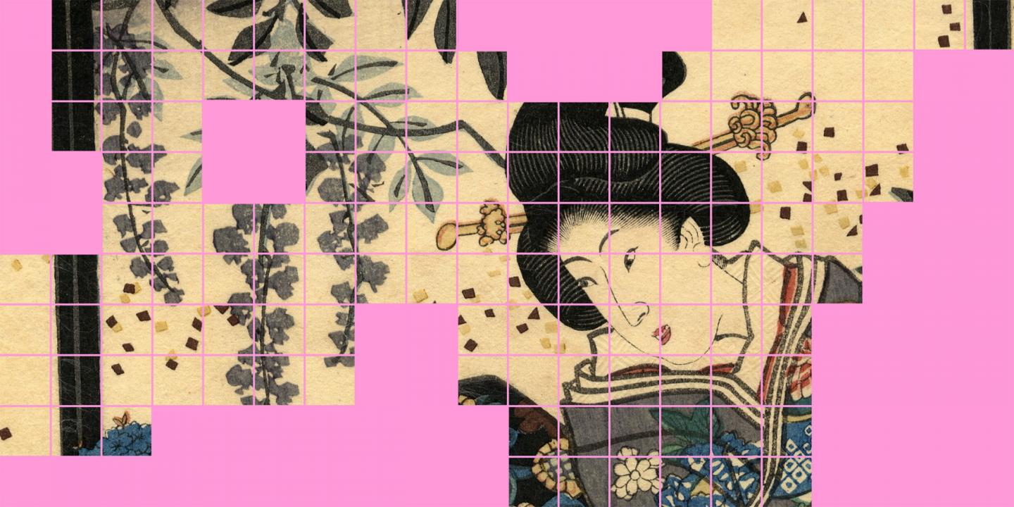Fragmentēta japāņu ukiyo-e grafikas detaļa ar sievietes portretu un augu motīviem, kas sadalīta režģī uz spilgti rozā fona, akcentējot kompozīcijas dekonstrukciju un vizuālo ritmu.