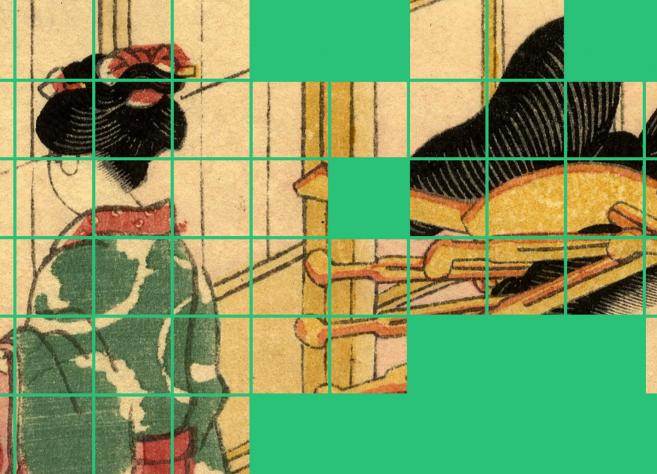 Fragmentēta japāņu ukiyo-e grafikas detaļa ar kabuki teātra tēlu, kur seja un tērpa ornamenti ir sadalīti režģī uz zilganzaļa fona, akcentējot dinamisku kompozīciju un tradicionālās estētikas elementus.