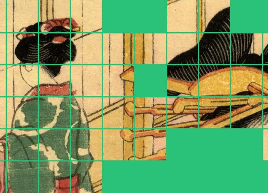 Fragmentēta japāņu ukiyo-e grafikas detaļa ar kabuki teātra tēlu, kur seja un tērpa ornamenti ir sadalīti režģī uz zilganzaļa fona, akcentējot dinamisku kompozīciju un tradicionālās estētikas elementus.