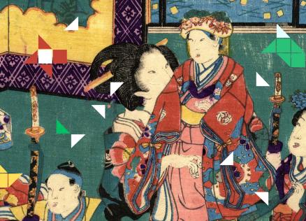 Japāņu ukiyo-e grafikas aina ar vairākām tradicionāli tērptām figūrām interjerā, papildināta ar mūsdienīgiem ģeometriskiem krāsainiem trijstūriem un kvadrātiem, kas kontrastē ar vēsturisko attēlu.