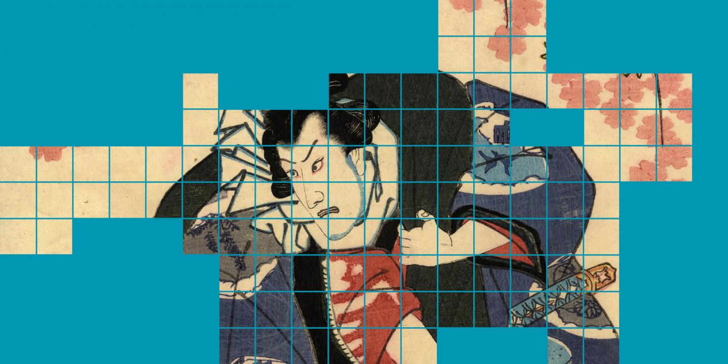 Fragmentēta japāņu ukiyo-e kabuki aktiera attēla detaļa ar režģa struktūru uz zilganzaļa fona, kurā izceļas dramatizēta sejas izteiksme, tradicionāls tērps un sakuru motīvi.