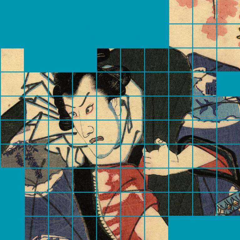 Fragmentēta japāņu ukiyo-e kabuki aktiera attēla detaļa ar režģa struktūru uz zilganzaļa fona, kurā izceļas dramatizēta sejas izteiksme, tradicionāls tērps un sakuru motīvi.