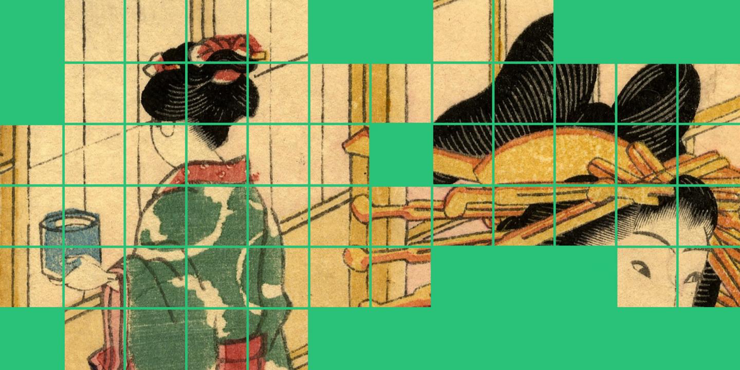 Fragmentēta japāņu ukiyo-e grafikas detaļa ar kabuki teātra tēlu, kur seja un tērpa ornamenti ir sadalīti režģī uz zilganzaļa fona, akcentējot dinamisku kompozīciju un tradicionālās estētikas elementus.