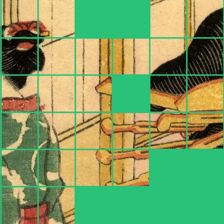 Fragmentēta japāņu ukiyo-e grafikas detaļa ar kabuki teātra tēlu, kur seja un tērpa ornamenti ir sadalīti režģī uz zilganzaļa fona, akcentējot dinamisku kompozīciju un tradicionālās estētikas elementus.