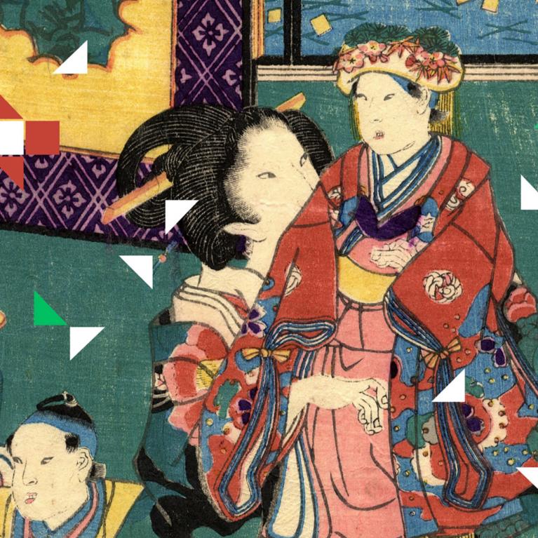 Japāņu ukiyo-e grafikas aina ar vairākām tradicionāli tērptām figūrām interjerā, papildināta ar mūsdienīgiem ģeometriskiem krāsainiem trijstūriem un kvadrātiem, kas kontrastē ar vēsturisko attēlu.