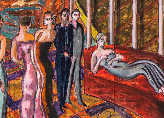 Ekspresīva glezna ar elegantām, stilizētām figūrām interjerā – stāvoši un sarunājošies cilvēki vakartērpos, bet priekšplānā uz sarkana dīvāna guļ sieviete; košas oranžas, sarkanas un zaļas krāsas rada teatrālu, vasarīgu noskaņu.