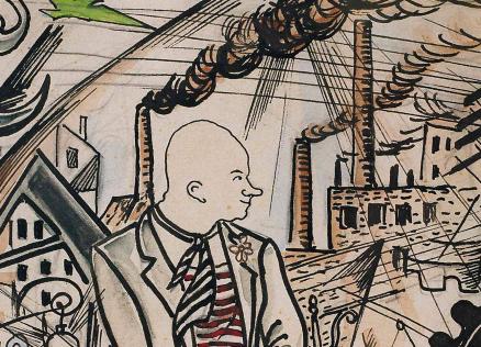 Grafisks zīmējums ar stilizētu vīrieša figūru frakā pilsētvidē; fonā redzamas ēkas, fabrikas skursteņi ar dūmiem, elektrības stabi un dinamiskas, diagonālas līnijas, kas rada industriālas pilsētas kustības un spriedzes sajūtu.