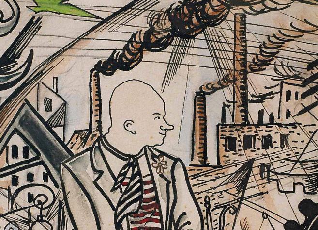 Grafisks zīmējums ar stilizētu vīrieša figūru frakā pilsētvidē; fonā redzamas ēkas, fabrikas skursteņi ar dūmiem, elektrības stabi un dinamiskas, diagonālas līnijas, kas rada industriālas pilsētas kustības un spriedzes sajūtu.