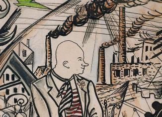 Grafisks zīmējums ar stilizētu vīrieša figūru frakā pilsētvidē; fonā redzamas ēkas, fabrikas skursteņi ar dūmiem, elektrības stabi un dinamiskas, diagonālas līnijas, kas rada industriālas pilsētas kustības un spriedzes sajūtu.