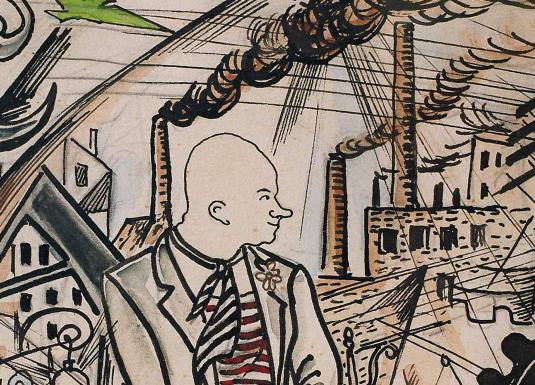 Grafisks zīmējums ar stilizētu vīrieša figūru frakā pilsētvidē; fonā redzamas ēkas, fabrikas skursteņi ar dūmiem, elektrības stabi un dinamiskas, diagonālas līnijas, kas rada industriālas pilsētas kustības un spriedzes sajūtu.