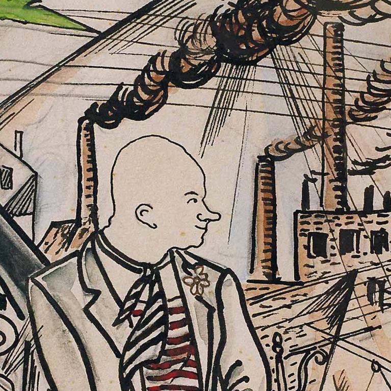 Grafisks zīmējums ar stilizētu vīrieša figūru frakā pilsētvidē; fonā redzamas ēkas, fabrikas skursteņi ar dūmiem, elektrības stabi un dinamiskas, diagonālas līnijas, kas rada industriālas pilsētas kustības un spriedzes sajūtu.