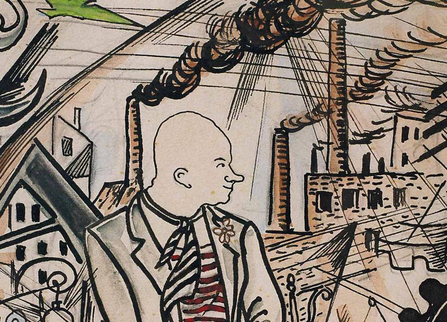 Grafisks zīmējums ar stilizētu vīrieša figūru frakā pilsētvidē; fonā redzamas ēkas, fabrikas skursteņi ar dūmiem, elektrības stabi un dinamiskas, diagonālas līnijas, kas rada industriālas pilsētas kustības un spriedzes sajūtu.