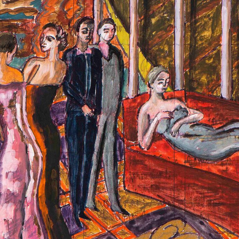 Ekspresīva glezna ar elegantām, stilizētām figūrām interjerā – stāvoši un sarunājošies cilvēki vakartērpos, bet priekšplānā uz sarkana dīvāna guļ sieviete; košas oranžas, sarkanas un zaļas krāsas rada teatrālu, vasarīgu noskaņu.