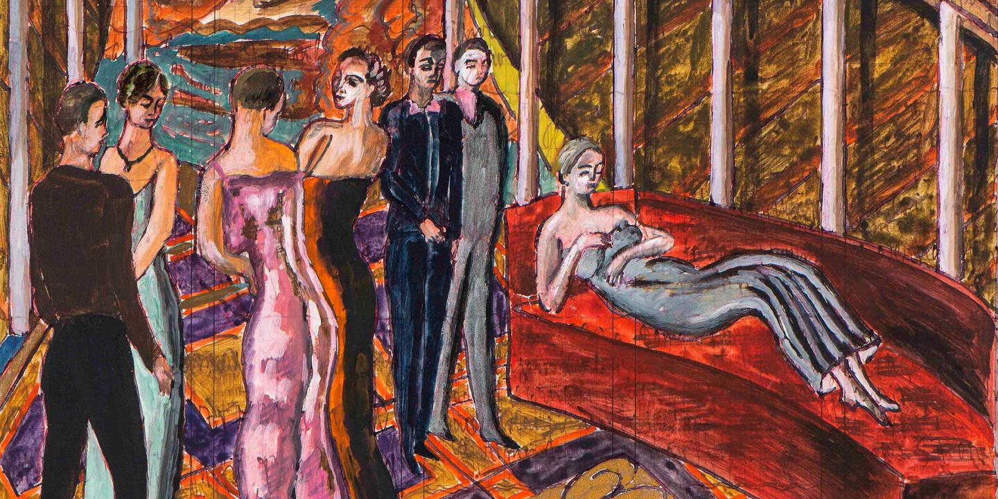 Ekspresīva glezna ar elegantām, stilizētām figūrām interjerā – stāvoši un sarunājošies cilvēki vakartērpos, bet priekšplānā uz sarkana dīvāna guļ sieviete; košas oranžas, sarkanas un zaļas krāsas rada teatrālu, vasarīgu noskaņu.