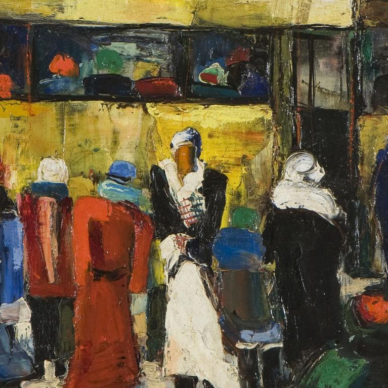 Glezna ar cilvēku grupu uz pilsētas bulvāra; figūras attēlotas ekspresīvās, biezās krāsu plaknēs ar cepurēm un mēteļiem, silti dzeltenā un tumšos toņos veidots fons rada urbānas ikdienas un kustības noskaņu.