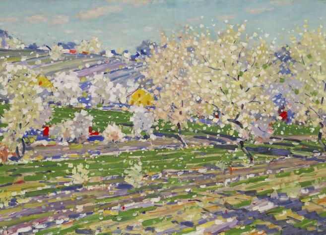 A painting depicting a spring landscape with blooming fruit trees and fields.