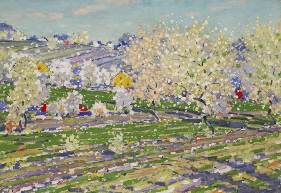 Painted spring landscape with blossoming trees, green fields, and several red and yellow rooftops beneath a pale blue sky.