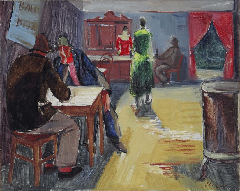 Painted interior scene showing several people in a café or restaurant, including a man seated at a table, standing women, and a seated man by the window, with bright curtains and colorful accents.