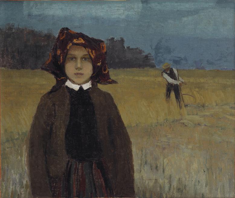 Oil painting of a young woman in a dark cloak and patterned headscarf in a grain field, with a man holding a scythe in the background.