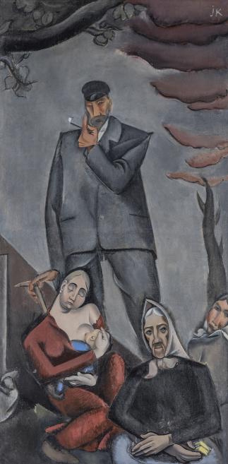 Figurative painting of a tall man in a gray suit and cap standing behind a seated woman holding a child and an older woman, against a gray background with tree branches and clouds.