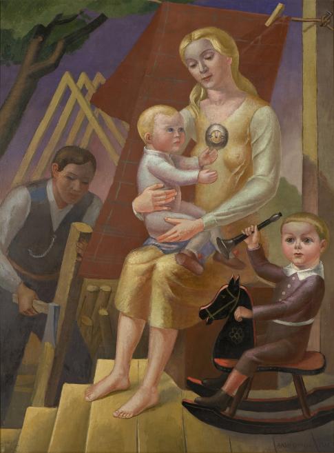 Figurative painting showing a blonde woman holding a baby and two children with a toy horse and a horn against a colorful, stylized background.