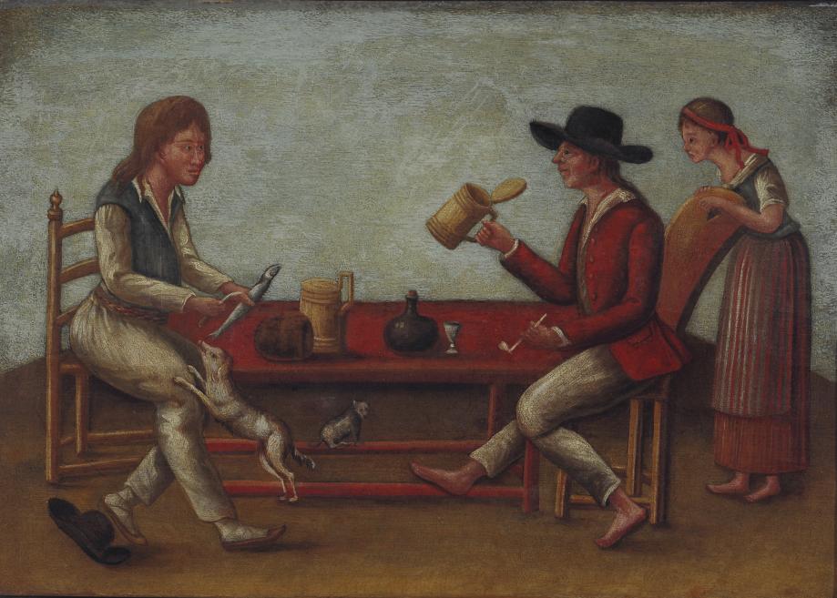 Oil painting of three people seated and standing around a table, with a mug, bottles, and a glass on the table.