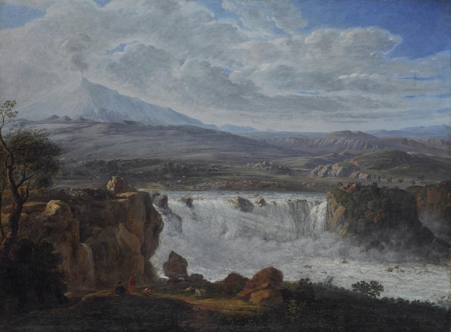 Painted mountain landscape with a broad waterfall, a volcano, and cloudy skies, with a few small human figures near the rocks in the foreground.