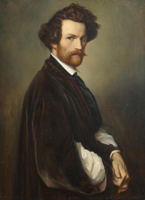A painted portrait shows a young man with a reddish beard in a dark suit against a neutral background.