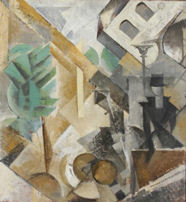 Abstract cubist composition with geometric forms in gray, green and ocher tones, including a stylized lamppost and fragments of buildings.