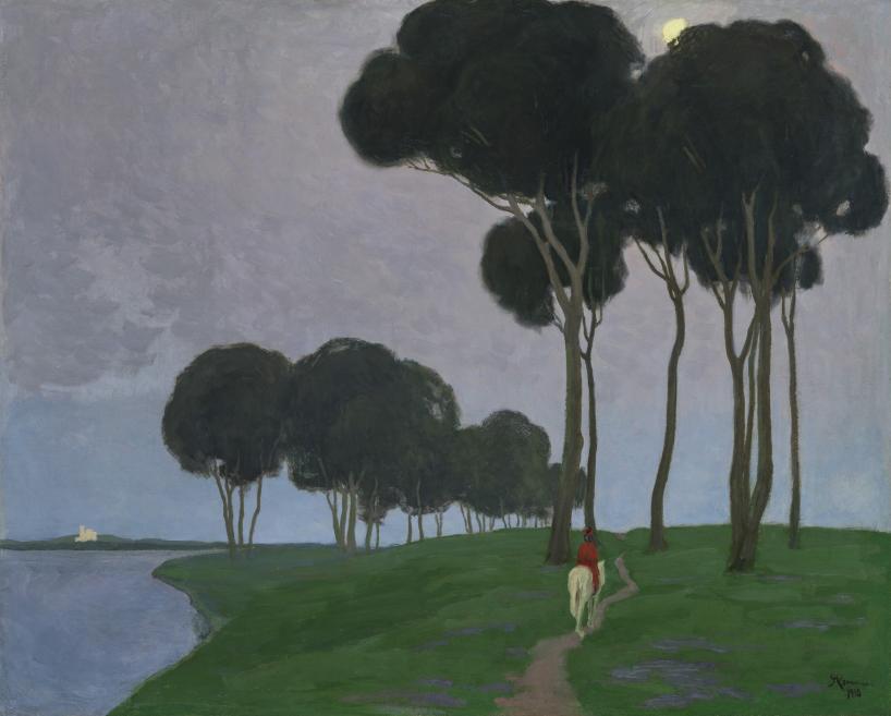 Painted landscape with tall trees on a green riverbank, with a rider in red traveling along a path.