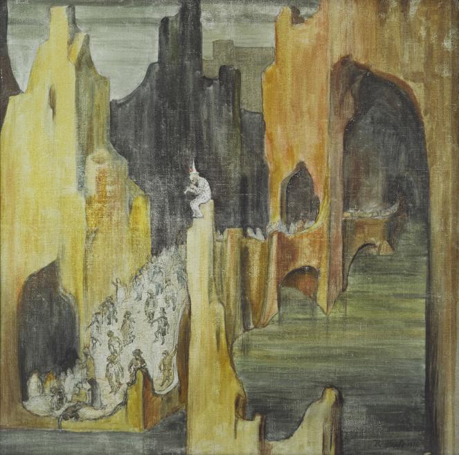 Abstract painting with tall yellow, brown and black vertical forms, with small human figures visible between them.