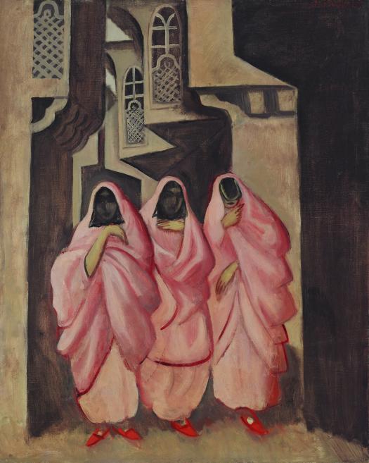Painting of three women in pink garments with covered faces, standing in an architectural interior with windows and dark walls.