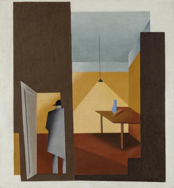 Painting of a geometrically stylized interior with a figure in a hat by an open door, a table with a blue vase, and flat color fields.