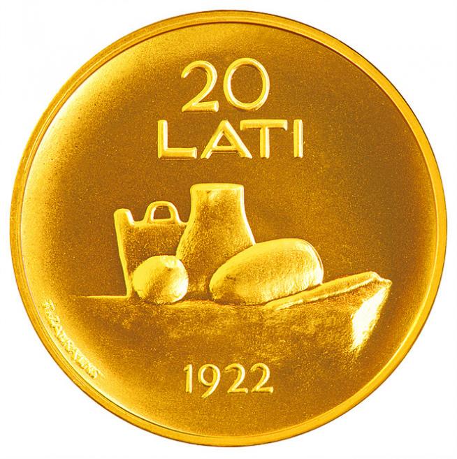 Coin of Latvia. Author: Teodors Zaļkalns. Plaster model: Ligita Franckeviča. 1922 / 2008. Gold commemorative coin. Obverse and reverse. Publicity photo