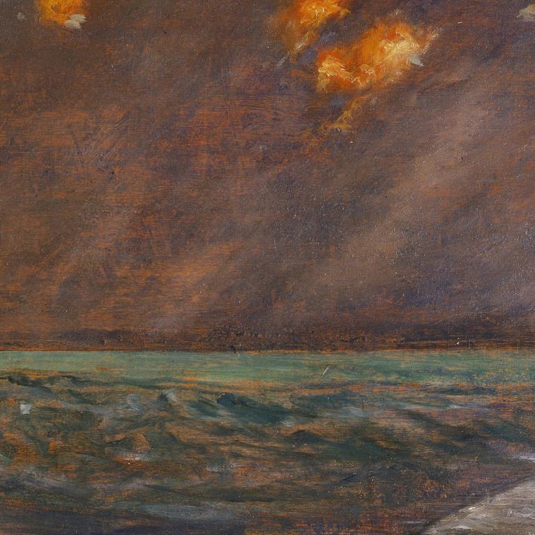 Mākslas darbs ar cilvēku, kas stāv jūras malā.