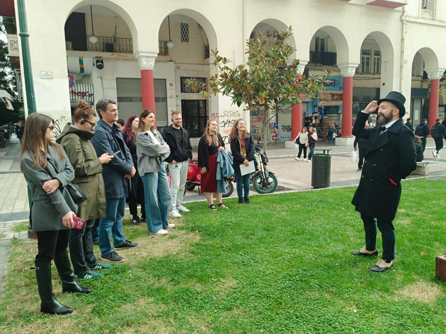 Participants of the “Talking Heads” workshop during a guided tour in Thessaloniki.