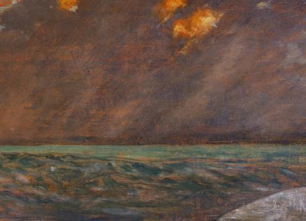 Niklāva Strunkes darbs ar stilizētu portretu zilā un brūnā krāsu gammā, veidots ģeometriskās formās.