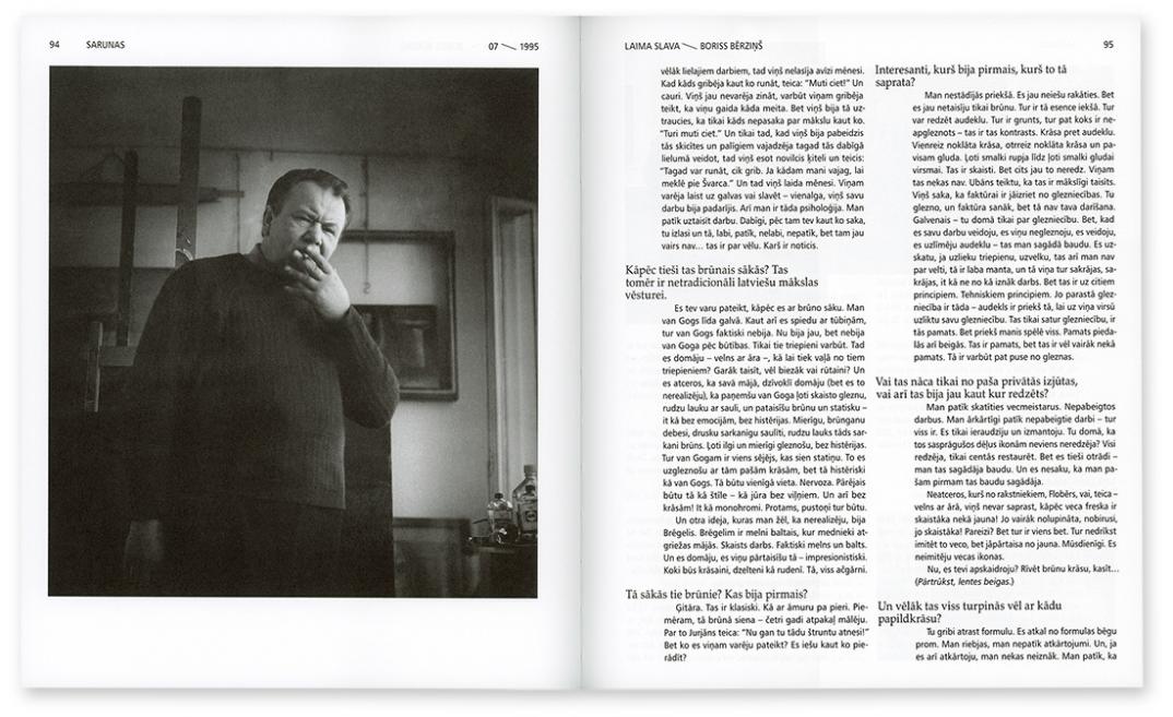 Melnbalts foto ar Borisu Bērziņu un blakus intervijas teksts žurnālā.